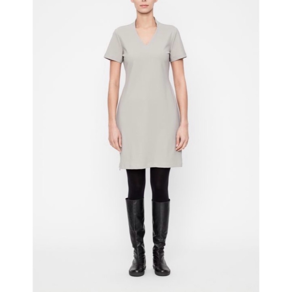 SARAH PACINI Women’s Knee Length Stretch Kleid Dress V-Neck Size 00 Pearl Grey